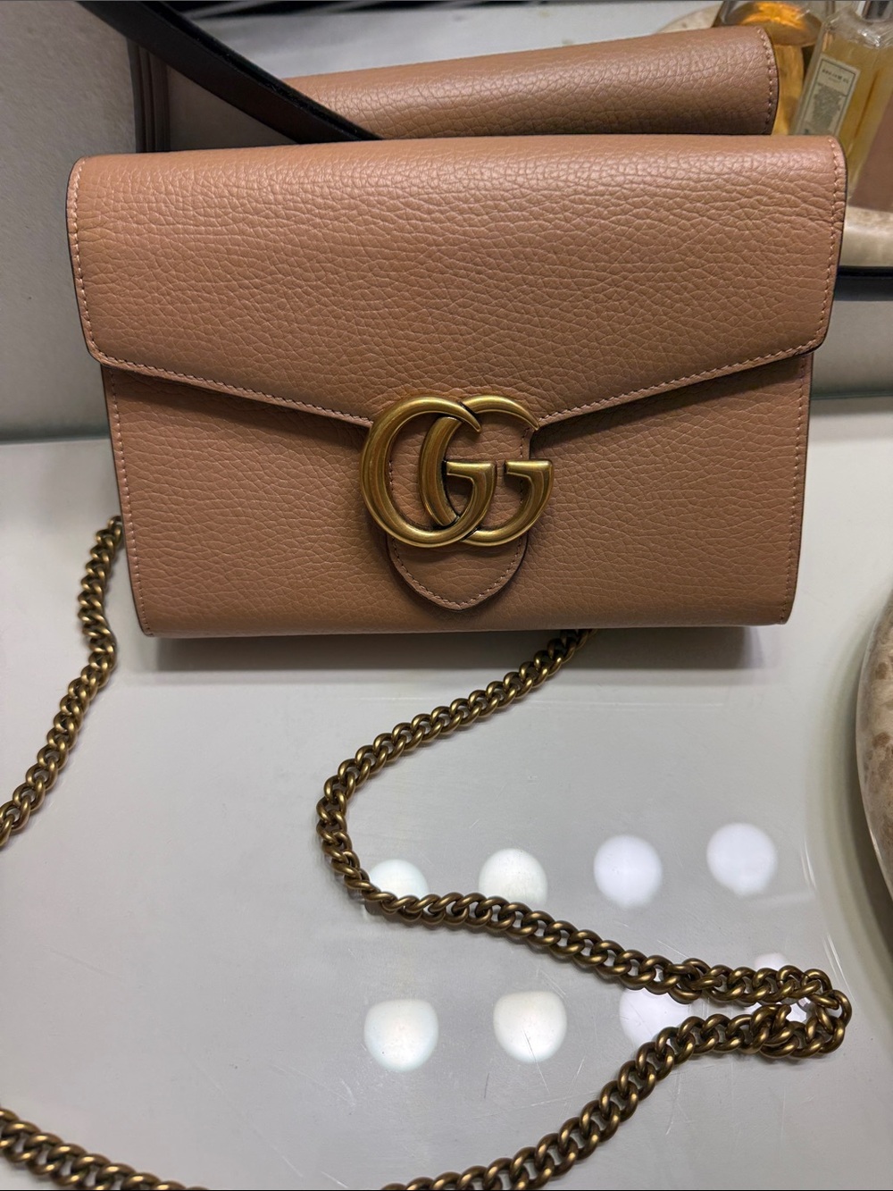 Gucci Pebbled Leather Crossbody in Nude with Antique Gold Hardware like New